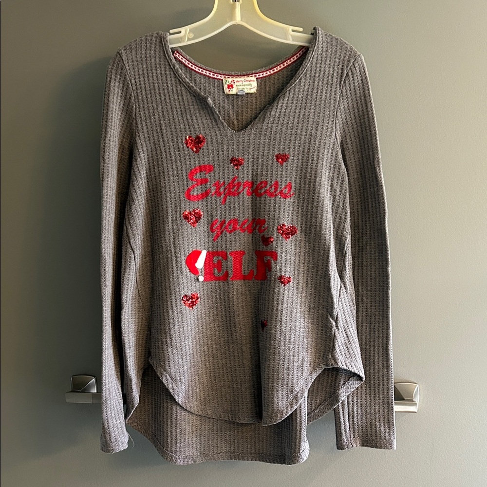 Poof! Gray Holiday Hi-Lo Waffle Long Sleeve Tee Size L